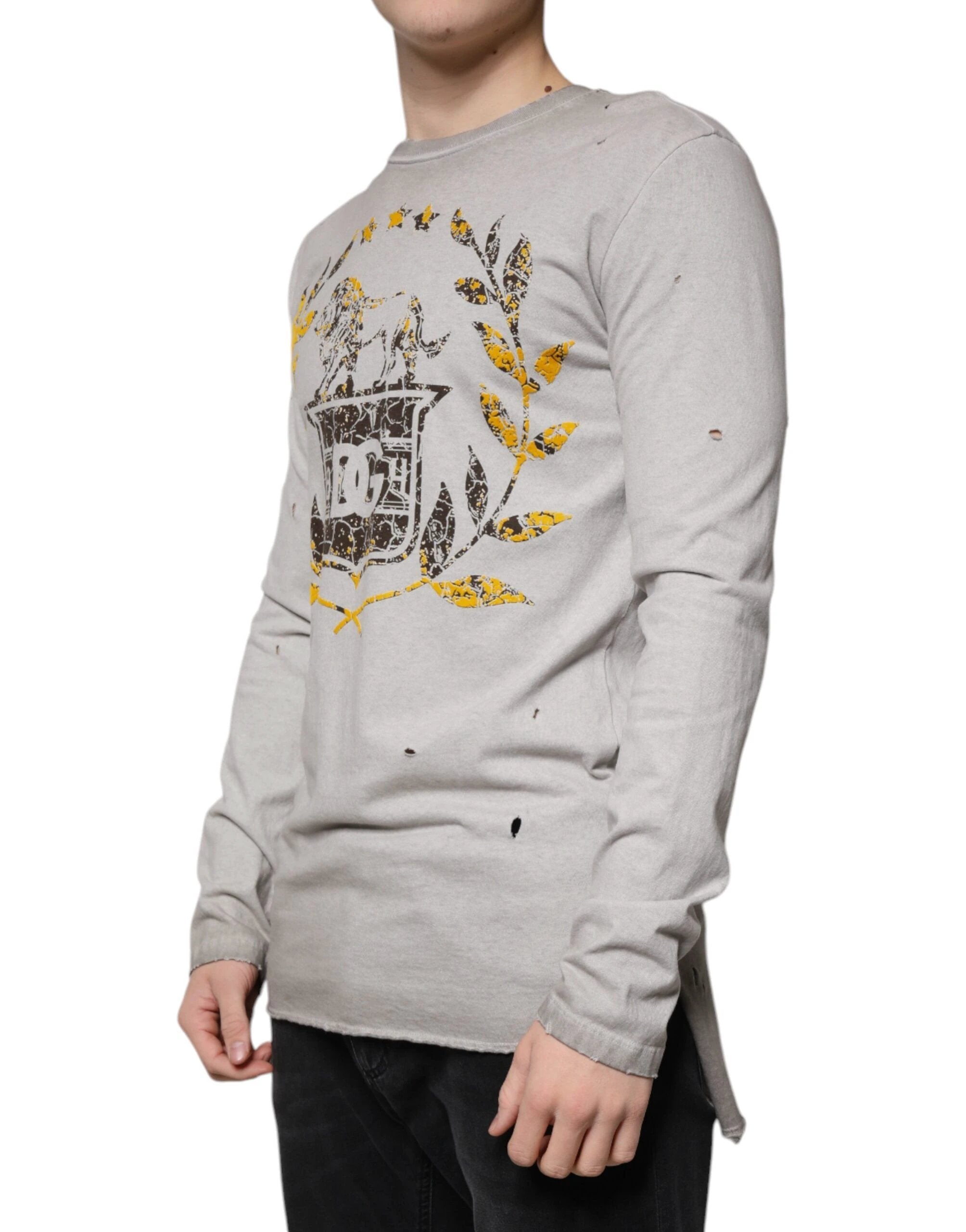Dolce & Gabbana Gray Printed Cotton Crewneck Pullover Sweater by Dolce & Gabbana