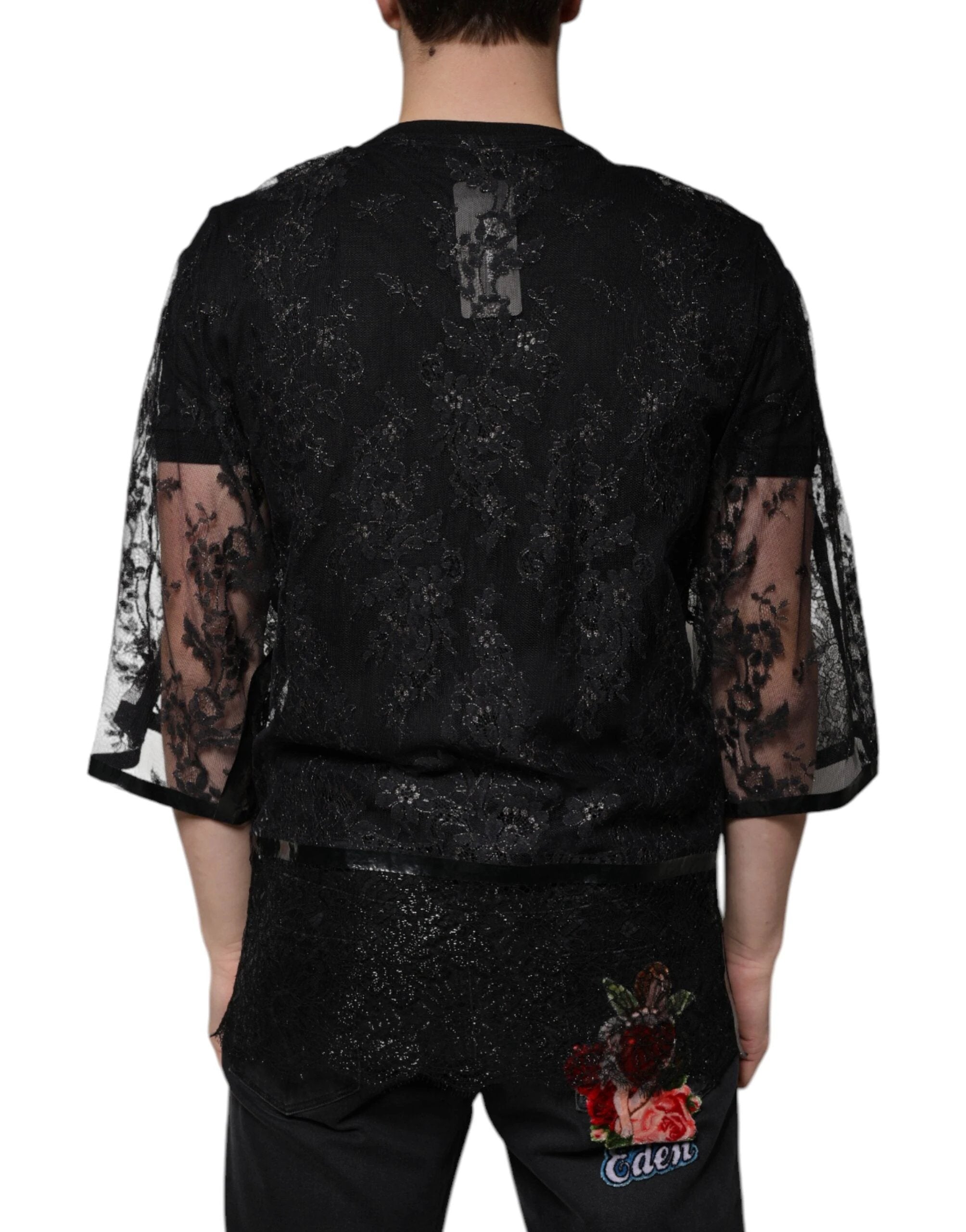 Dolce & Gabbana Black Nylon Floral Lace Crew Neck T-shirt by Dolce & Gabbana