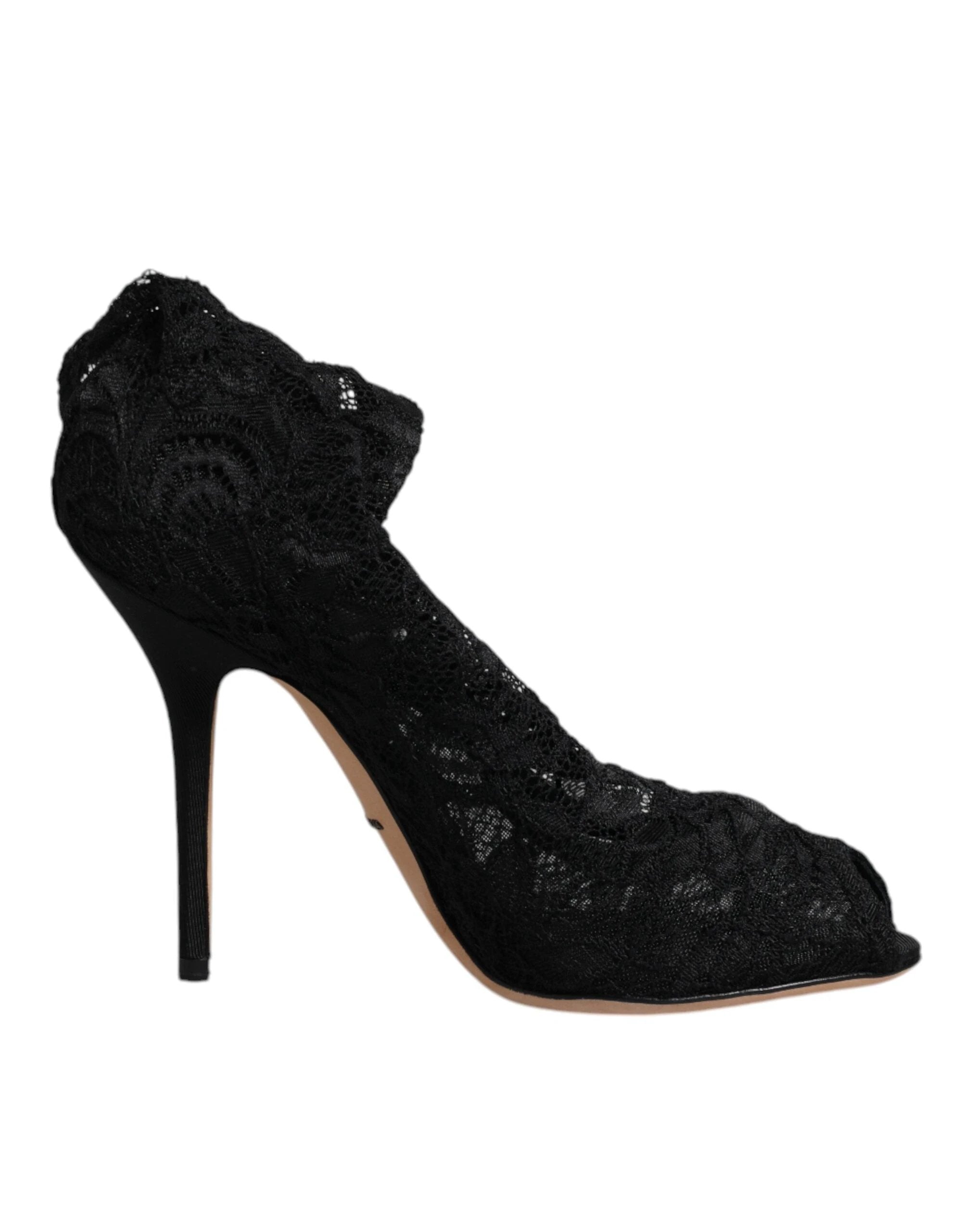 Dolce & Gabbana Black Lace Stretch Heels Mid Calf Boots Shoes by Dolce & Gabbana