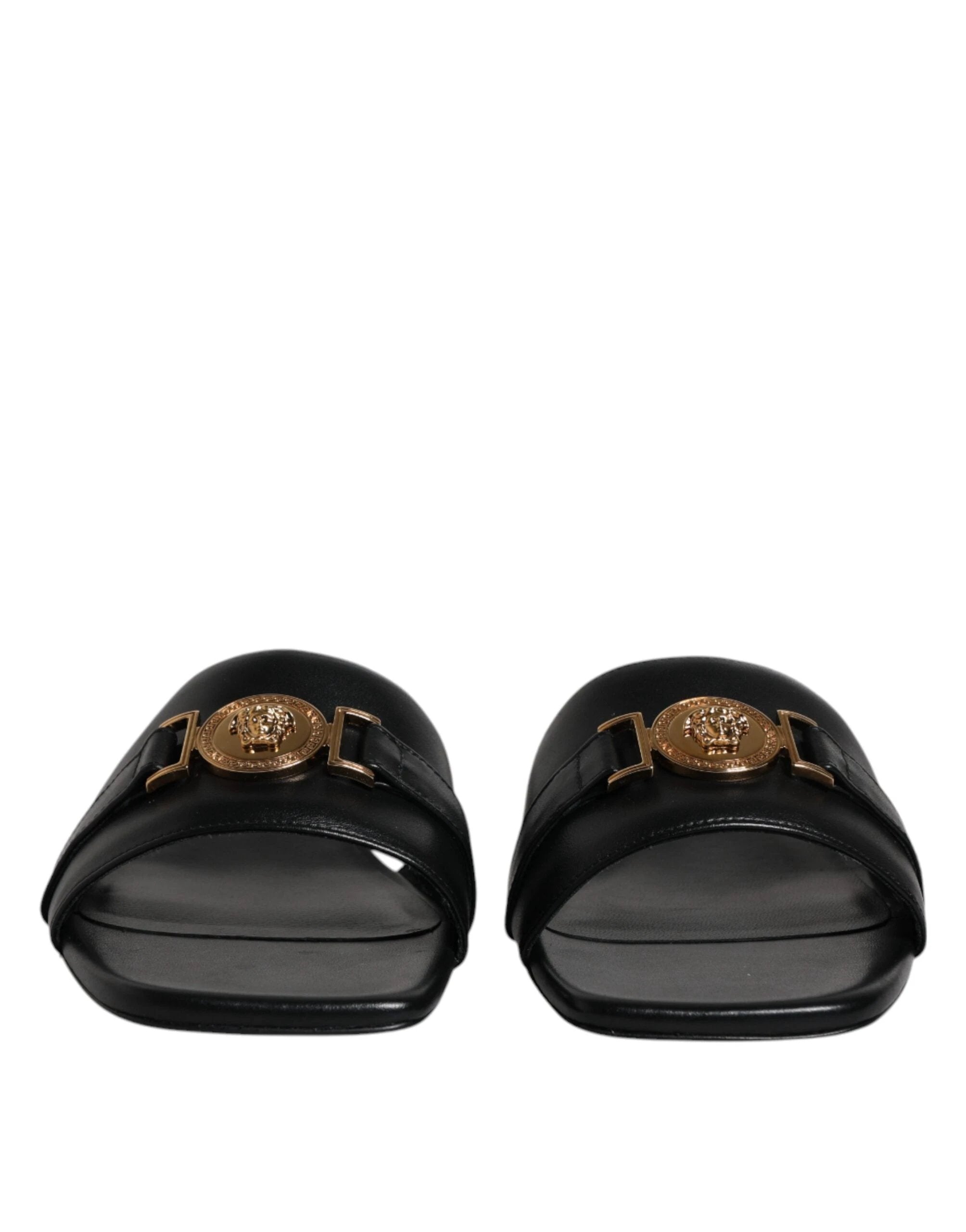 Versace Black Leather Logo Plaque Slip On Slides Flats Shoes by Versace