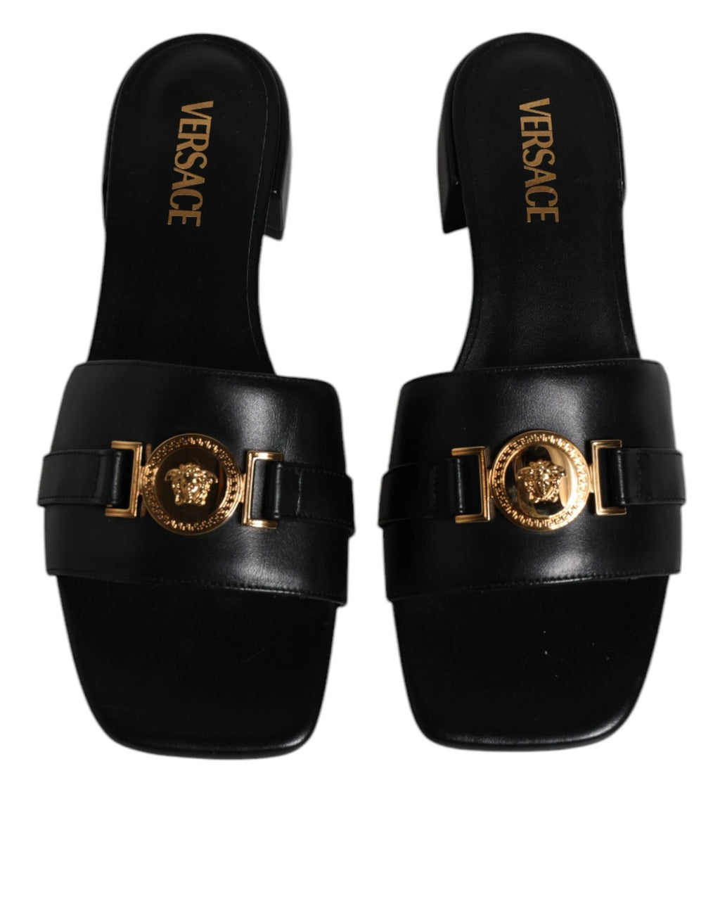 Versace Black Leather Logo Plaque Slip On Slides Flats Shoes by Versace