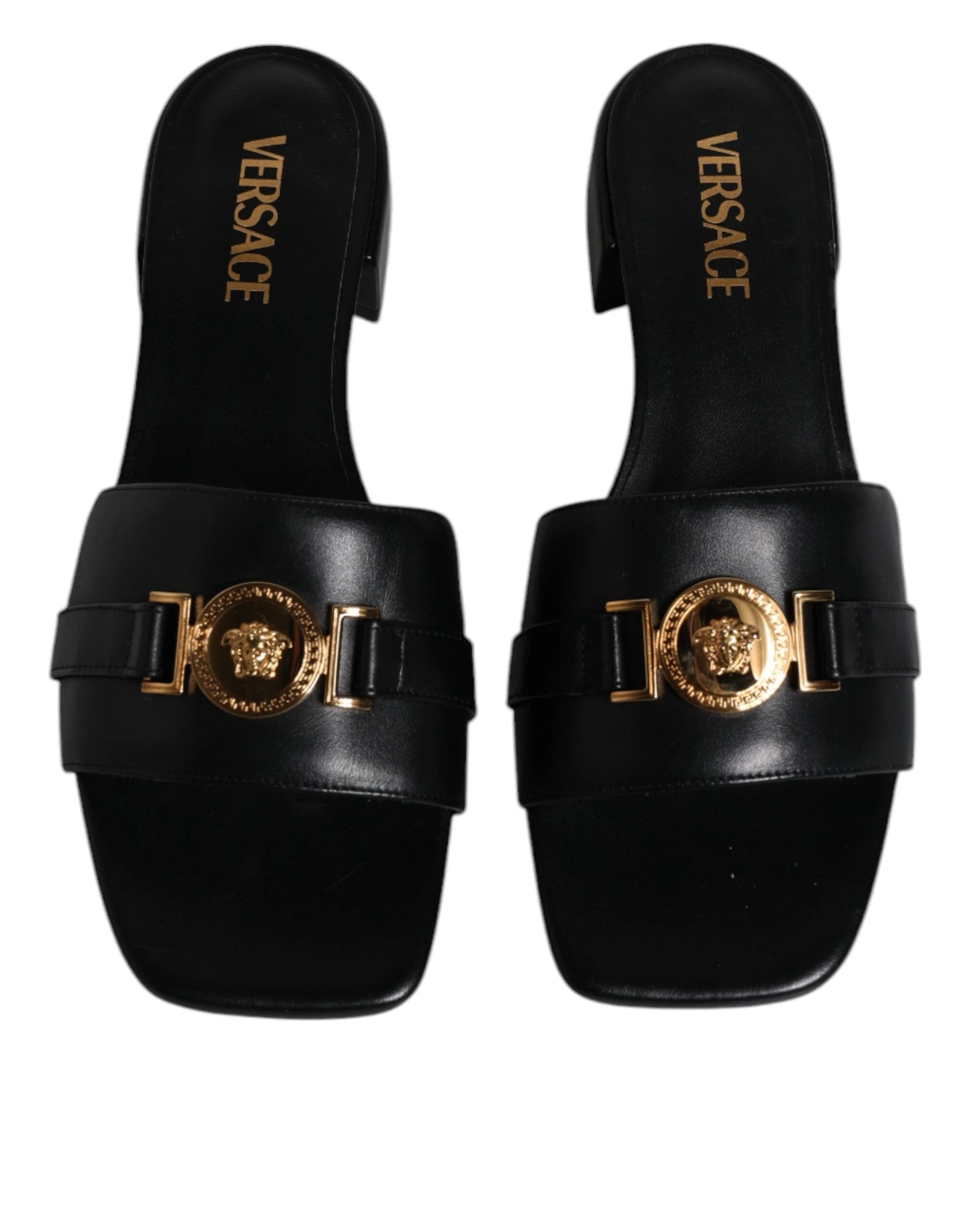 Versace Black Leather Logo Plaque Slip On Slides Flats Shoes by Versace