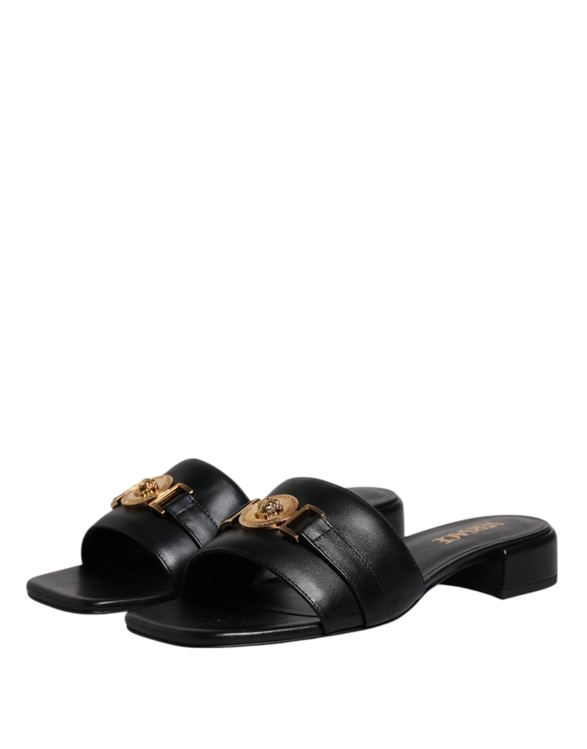Versace Black Leather Logo Plaque Slip On Slides Flats Shoes by Versace