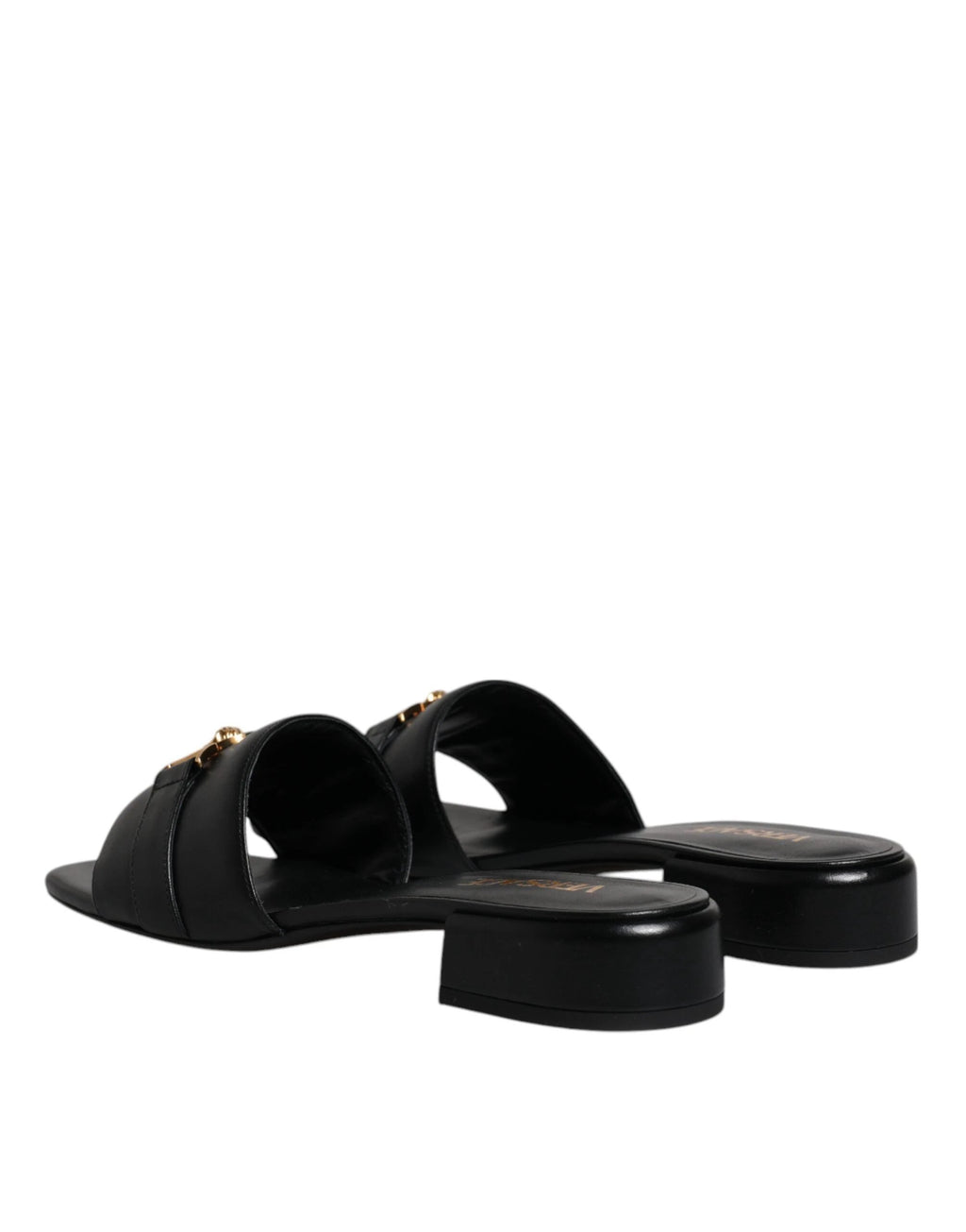 Versace Black Leather Logo Plaque Slip On Slides Flats Shoes by Versace