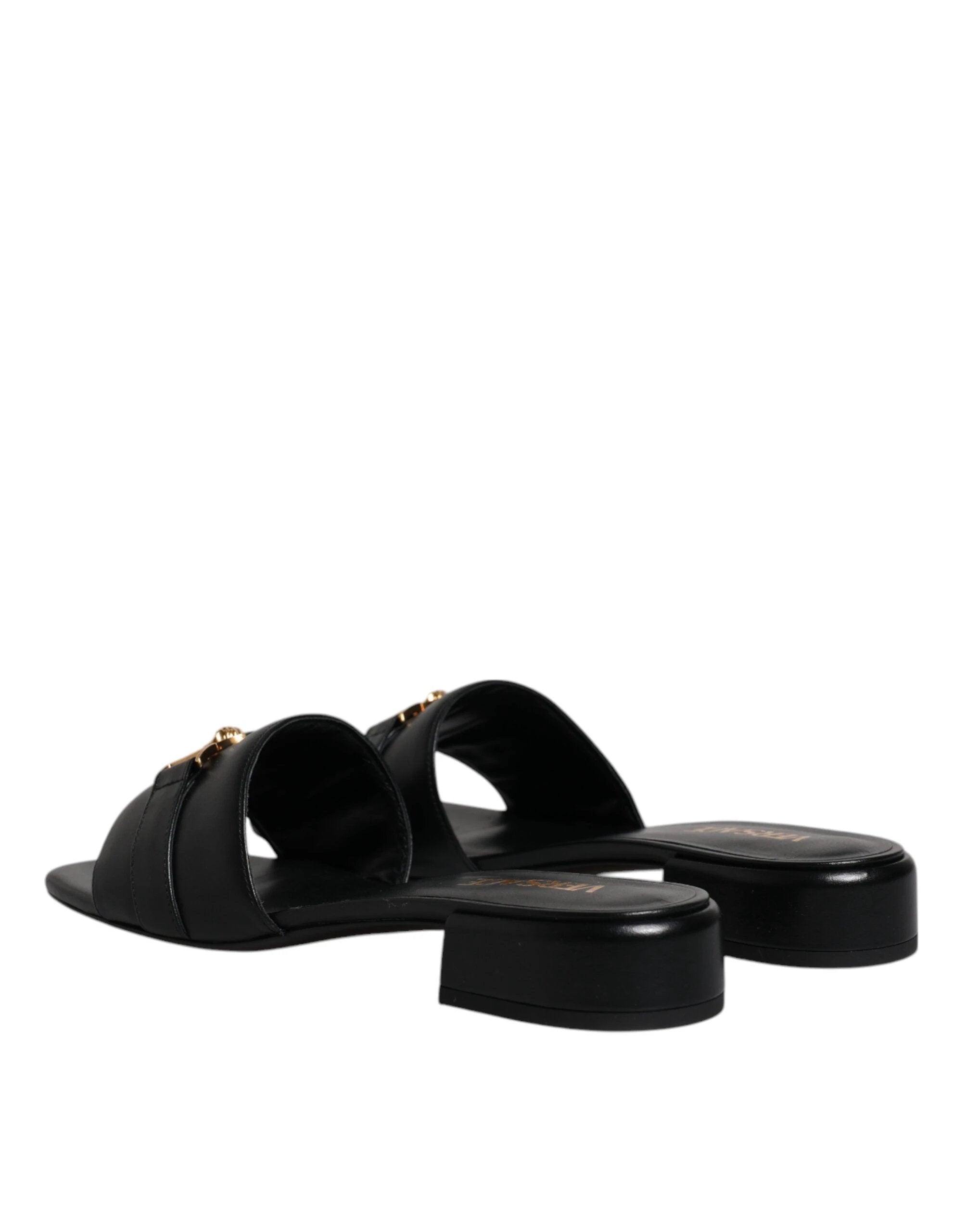Versace Black Leather Logo Plaque Slip On Slides Flats Shoes by Versace