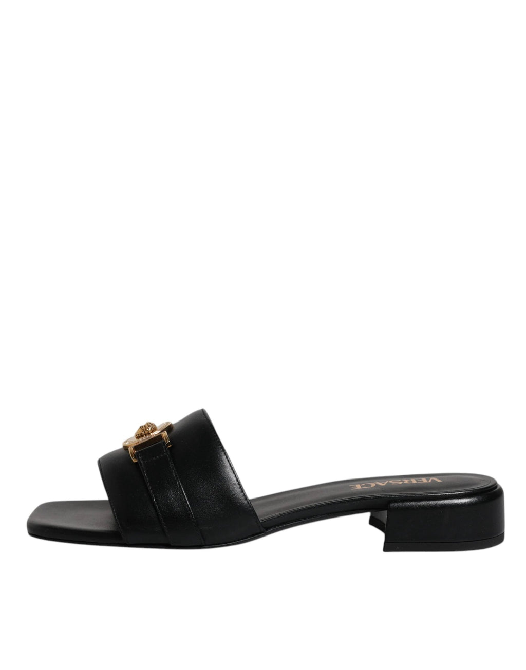 Versace Black Leather Logo Plaque Slip On Slides Flats Shoes by Versace