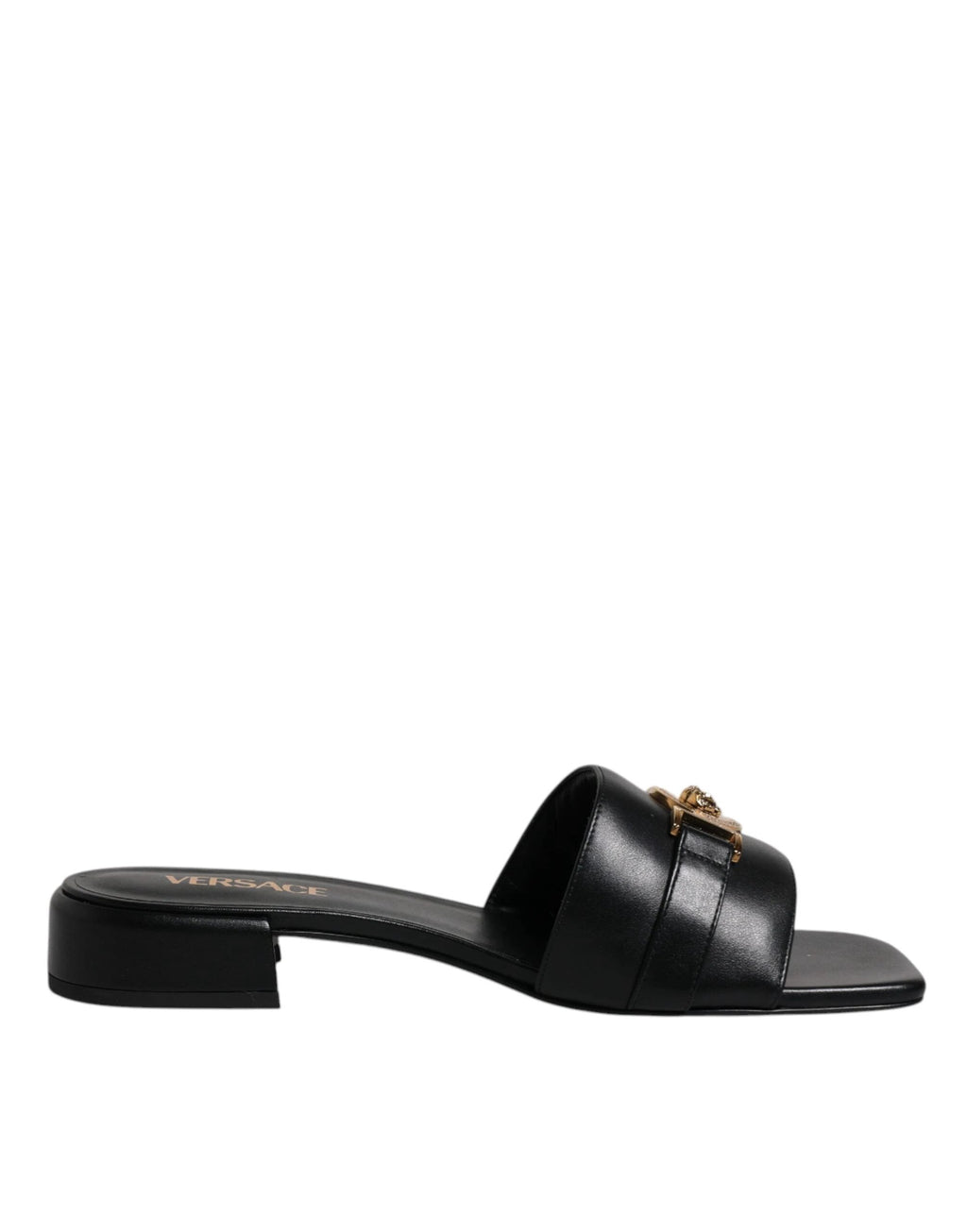 Versace Black Leather Logo Plaque Slip On Slides Flats Shoes by Versace