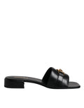 Versace Black Leather Logo Plaque Slip On Slides Flats Shoes by Versace