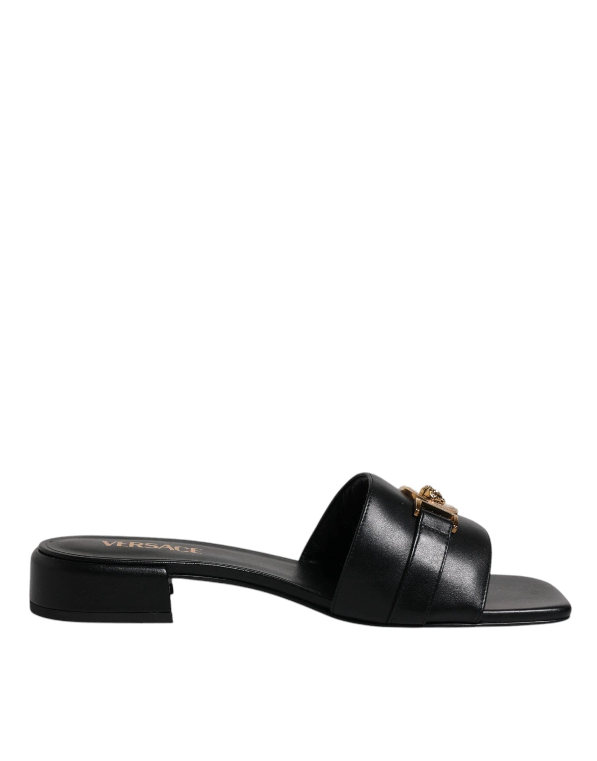 Versace Black Leather Logo Plaque Slip On Slides Flats Shoes by Versace
