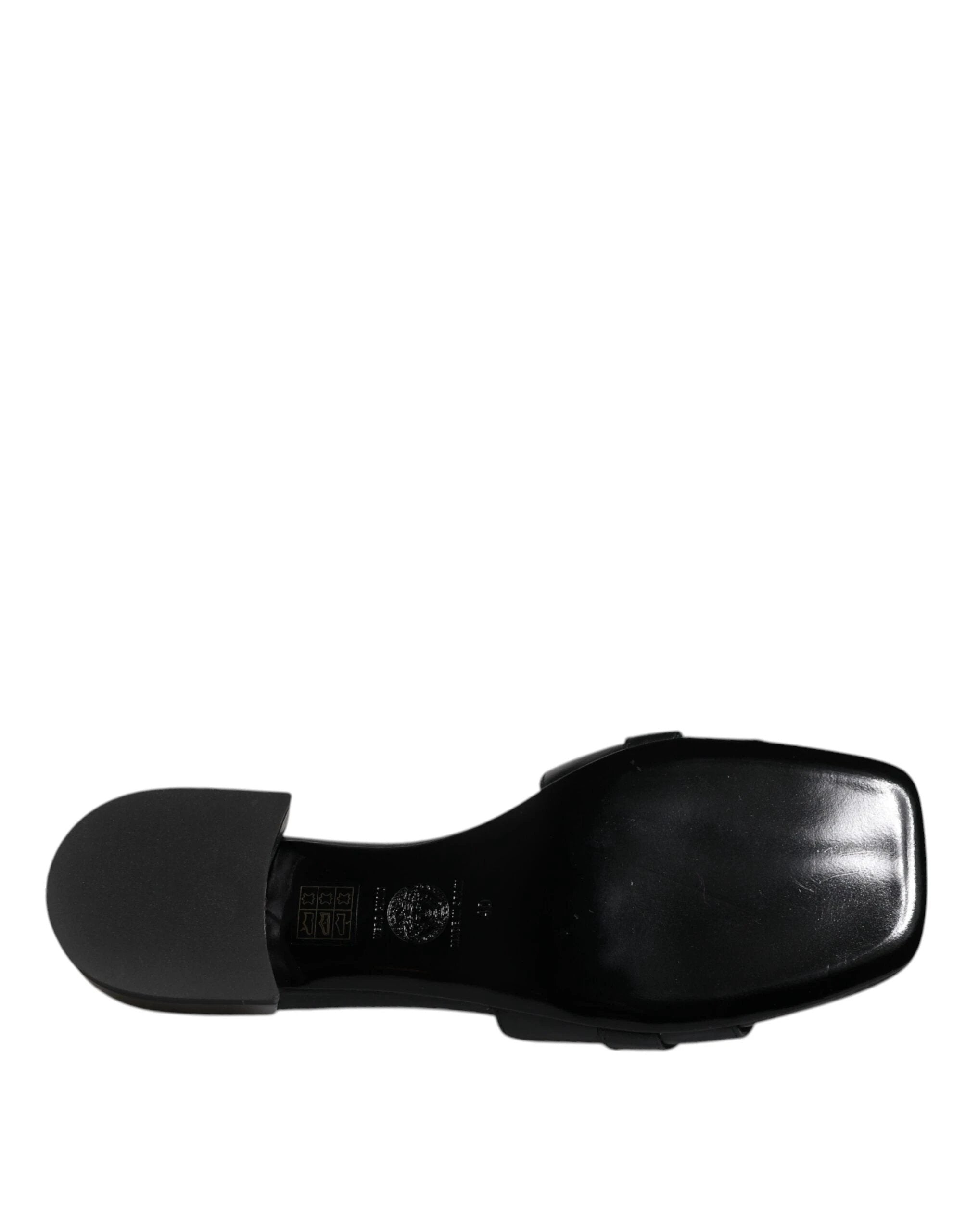 Versace Black Leather Logo Plaque Slip On Slides Flats Shoes by Versace