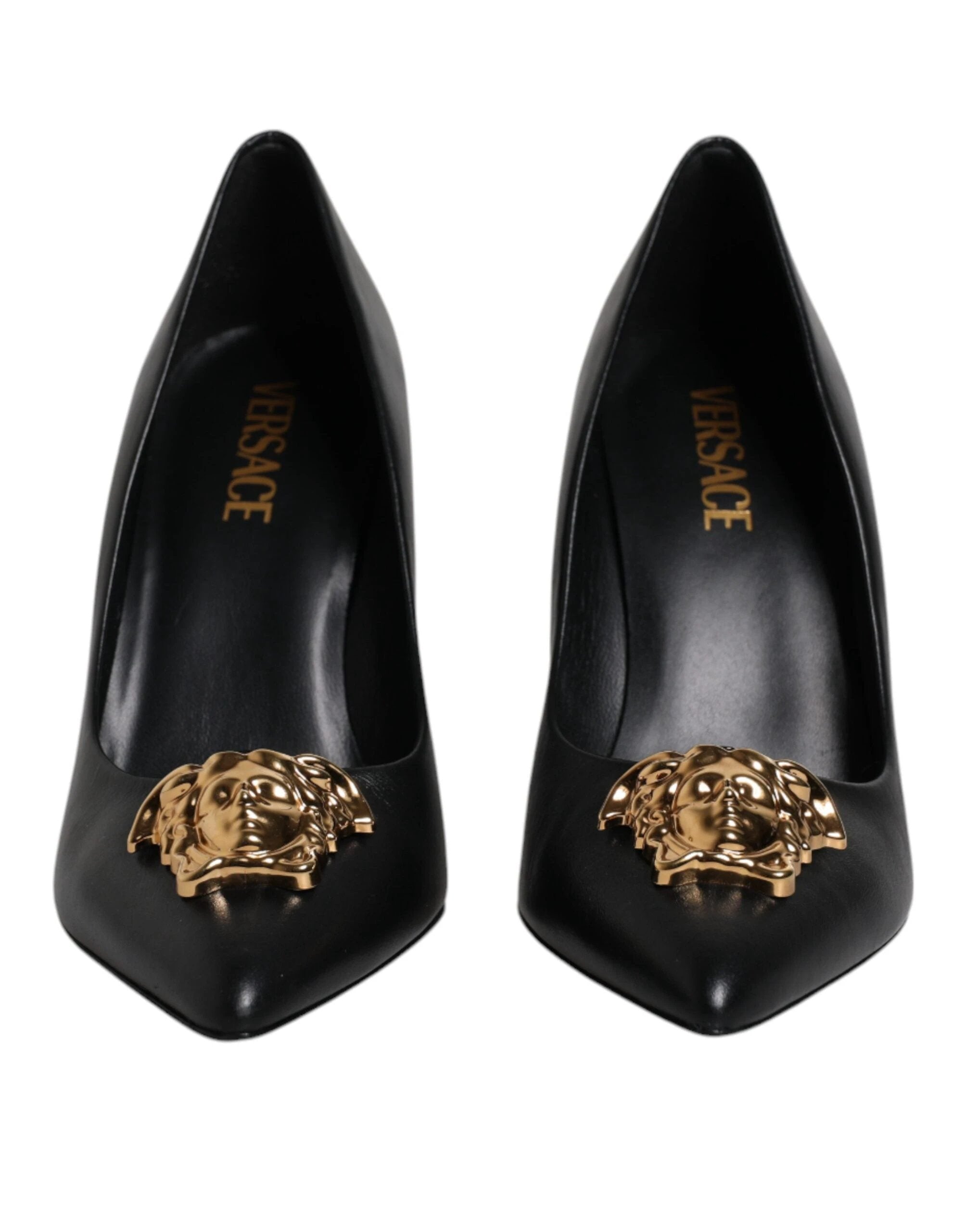 Versace Black Leather Logo Plaque High Heels Pumps Shoes by Versace