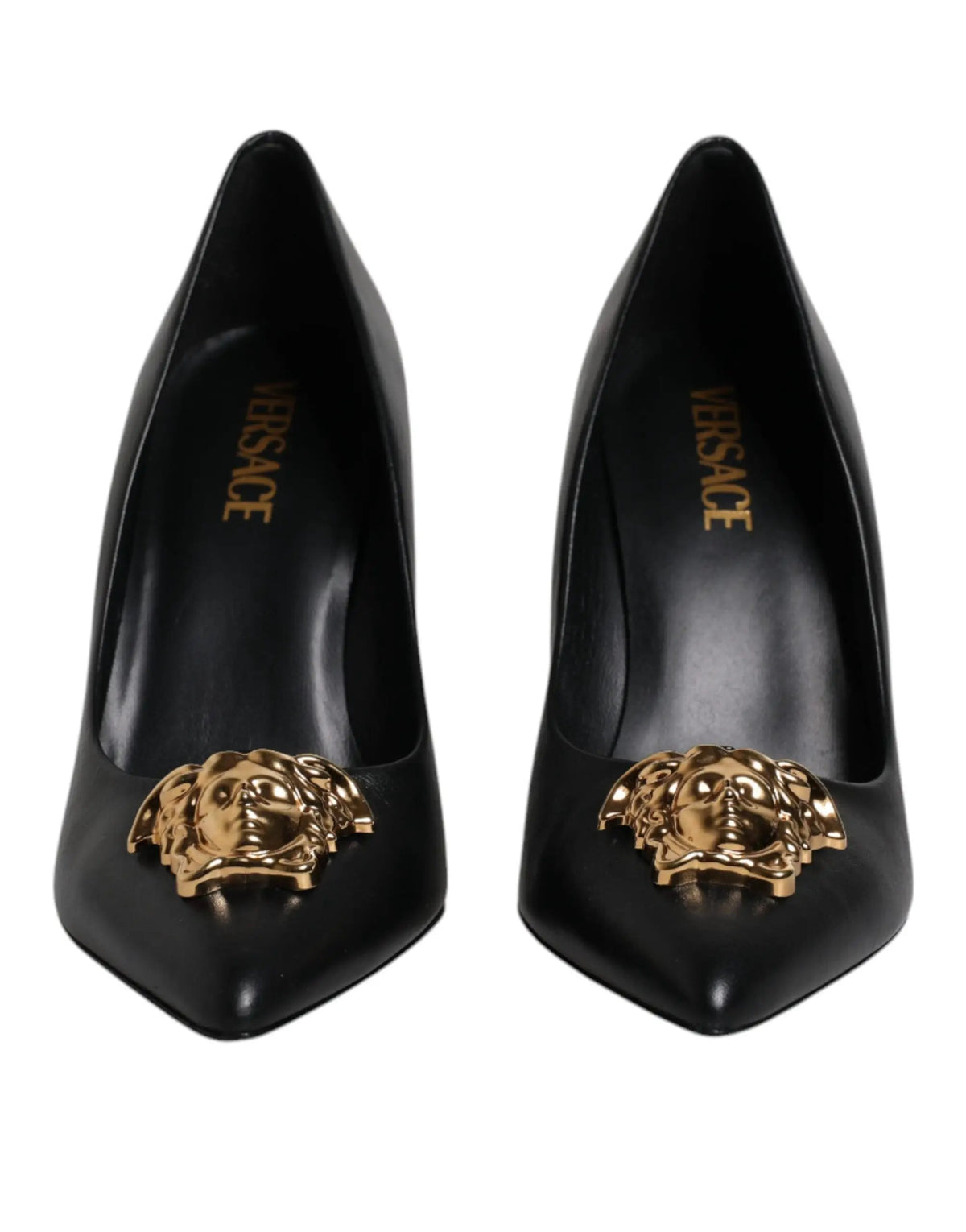 Versace Versace Black Leather Logo Plaque High Heels Pumps Shoes