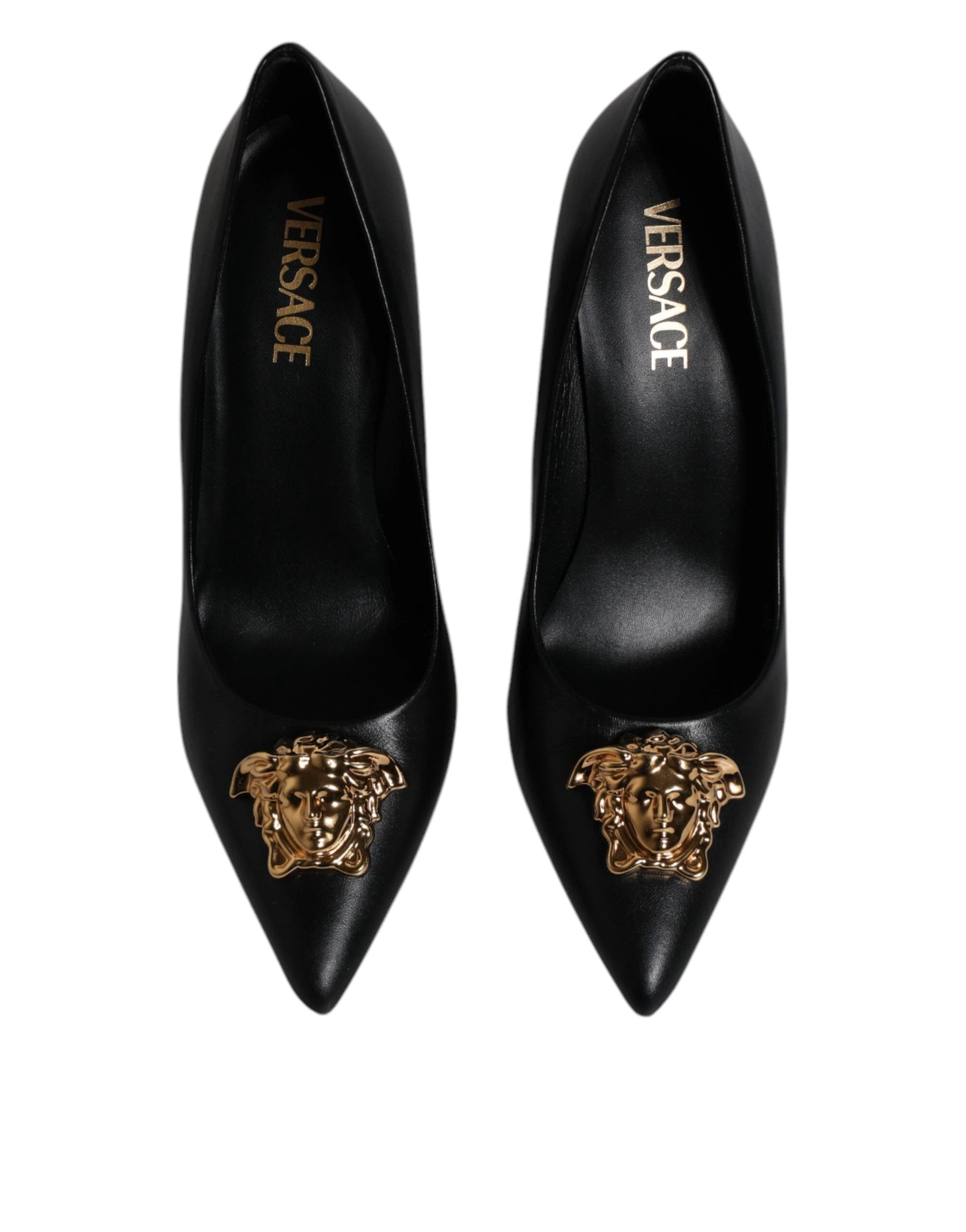 Versace Black Leather Logo Plaque High Heels Pumps Shoes by Versace