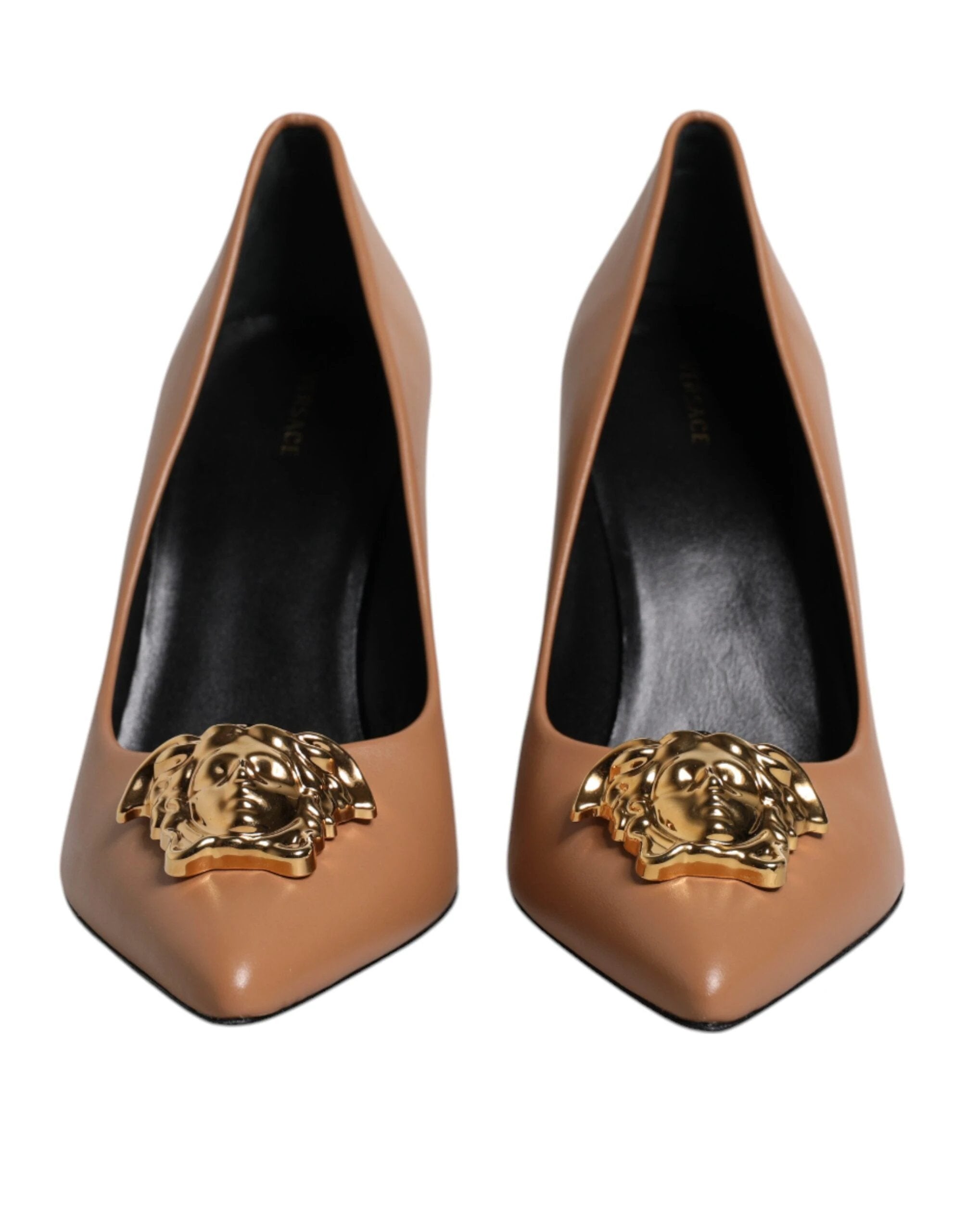 Versace Brown Leather Logo Plaque High Heels Pumps Shoes by Versace