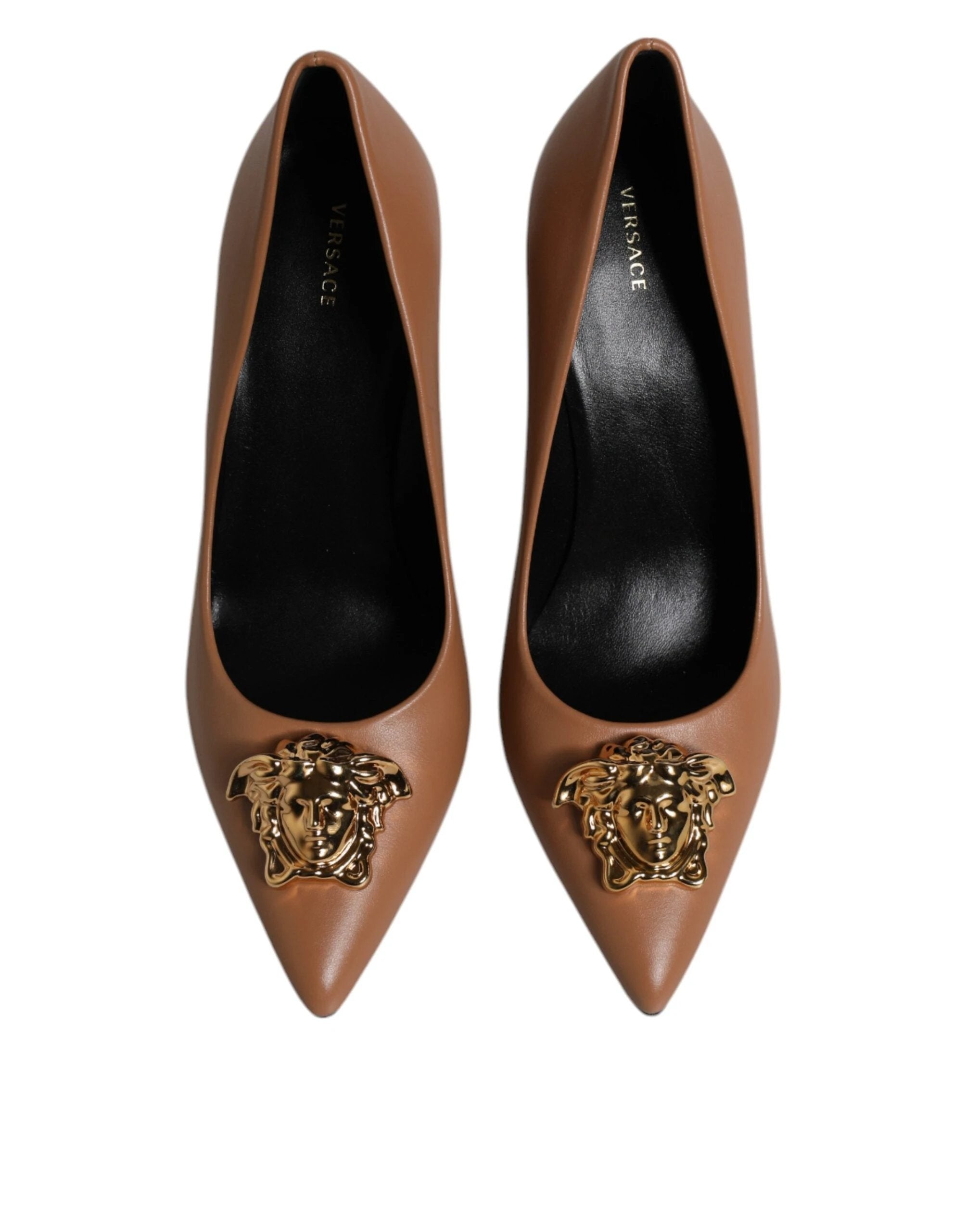 Versace Brown Leather Logo Plaque High Heels Pumps Shoes by Versace