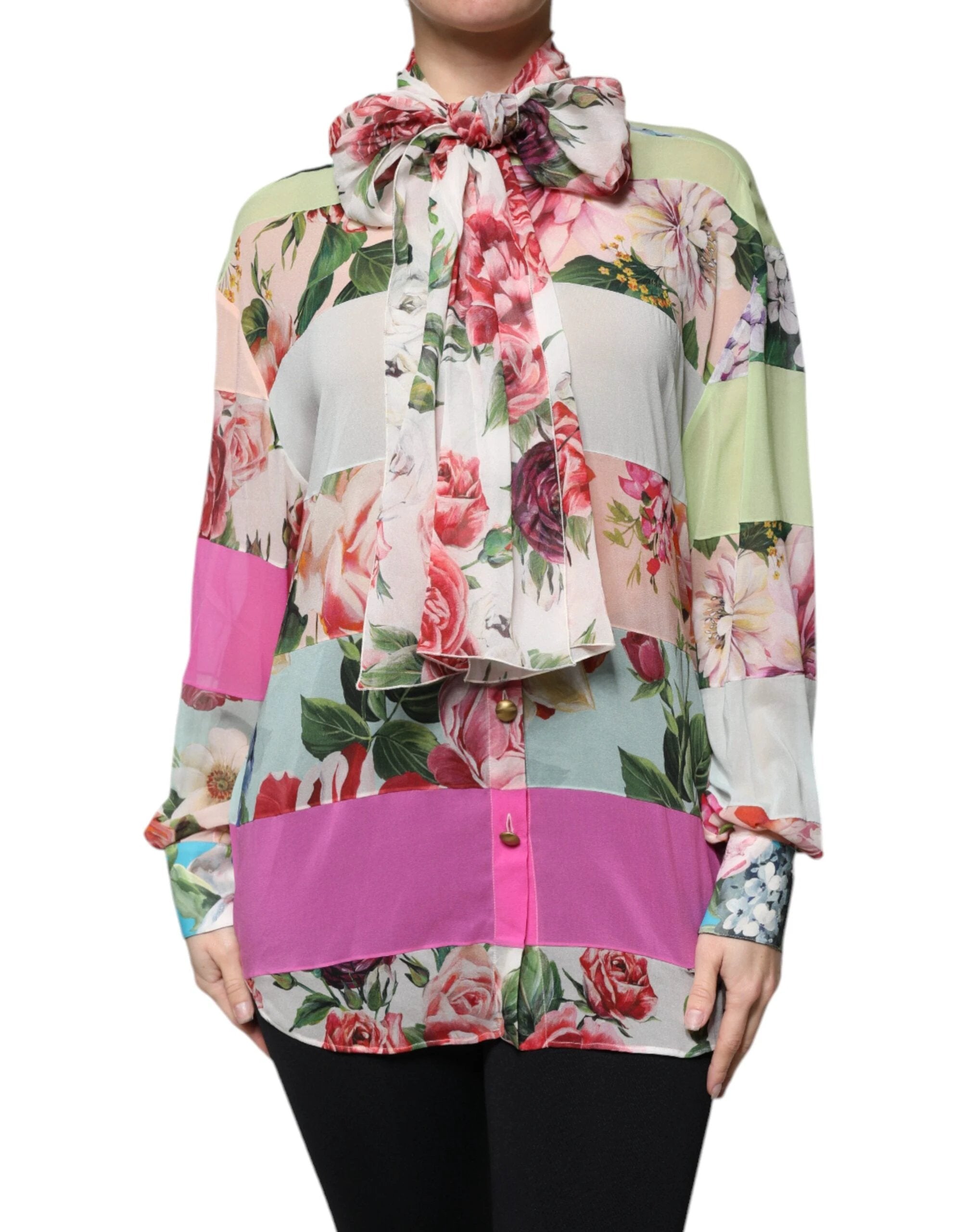 Dolce & Gabbana Multicolor Floral Patchwork Ascot Collar Top by Dolce & Gabbana