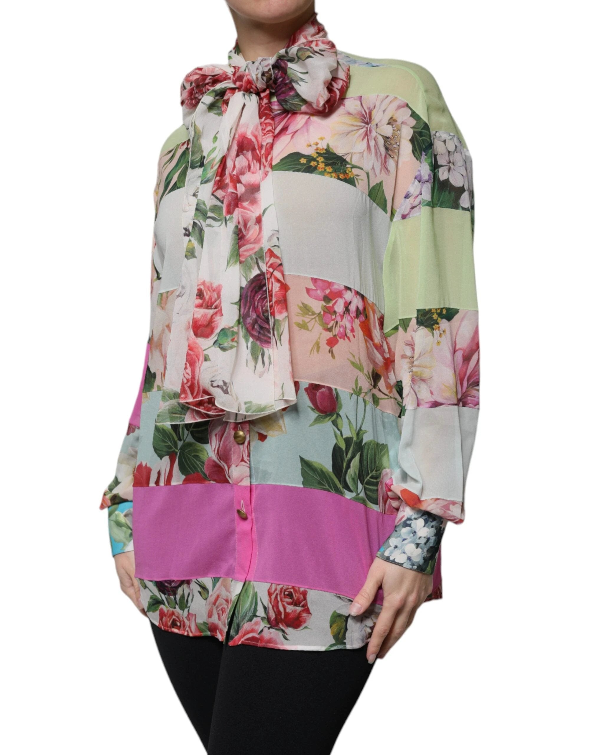 Dolce & Gabbana Multicolor Floral Patchwork Ascot Collar Top by Dolce & Gabbana