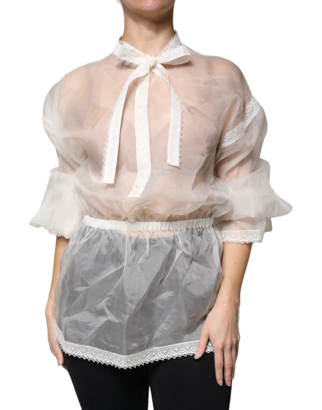 Dolce & Gabbana White Ascot Collar Long Sleeves Blouse Top by Dolce & Gabbana
