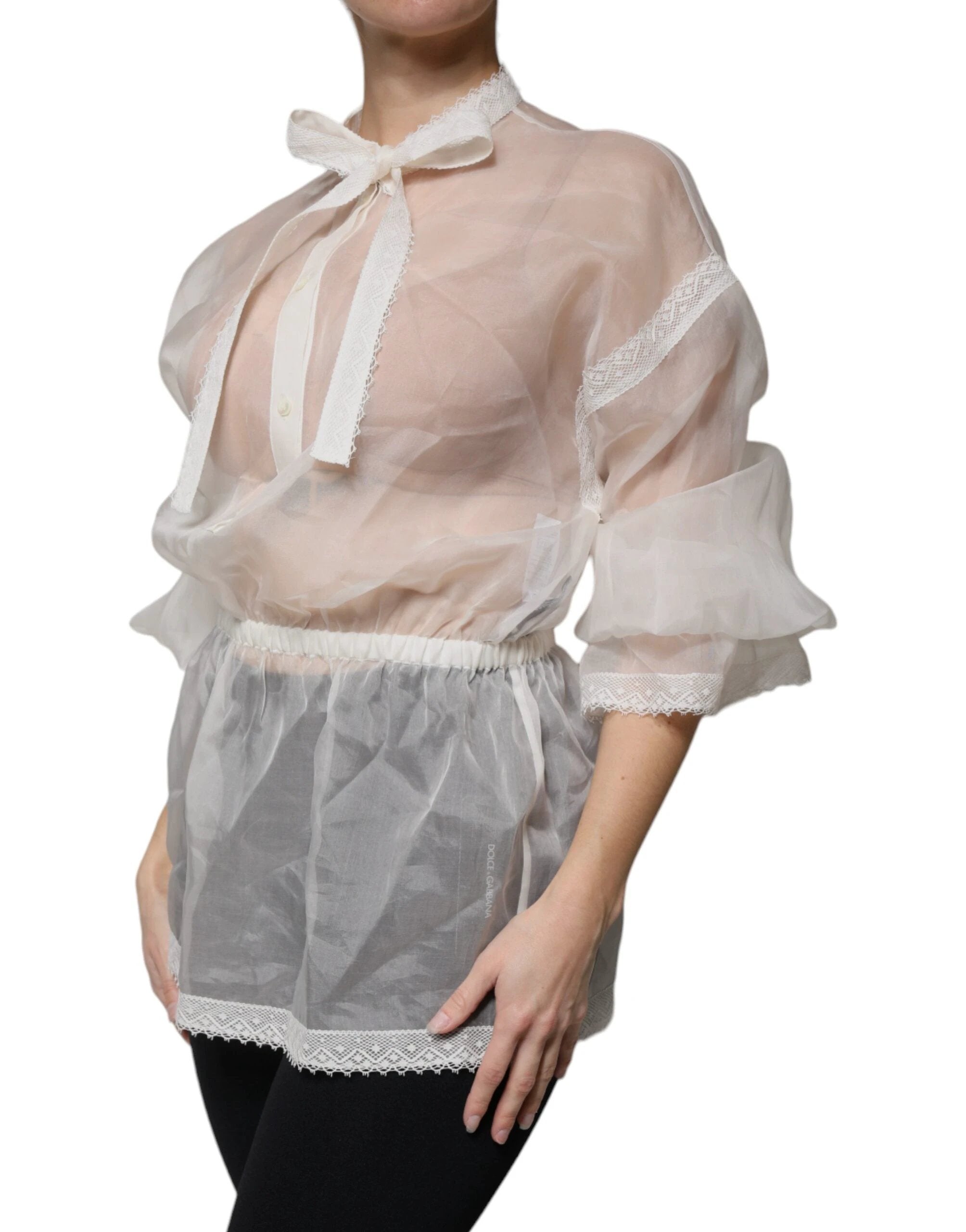Dolce & Gabbana White Ascot Collar Long Sleeves Blouse Top by Dolce & Gabbana