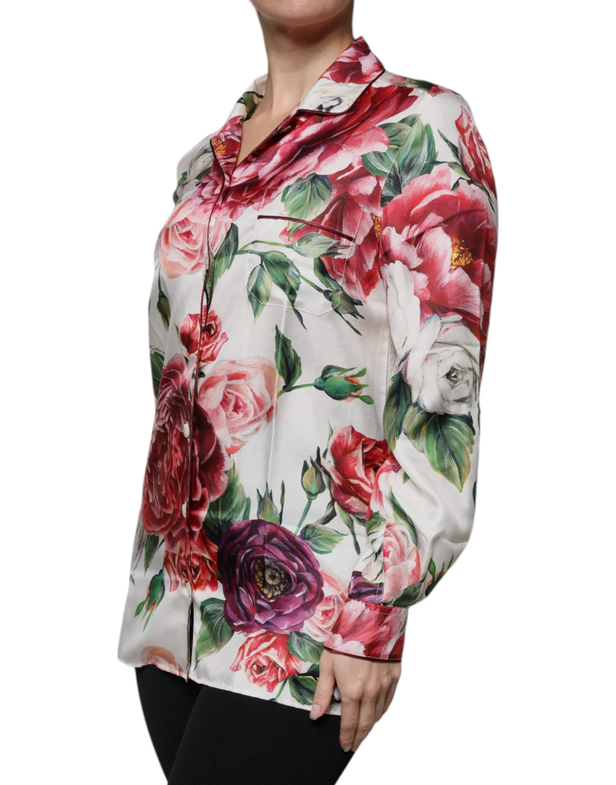 Dolce & Gabbana White Peony Silk Long Sleeves Collared Blouse Top by Dolce & Gabbana