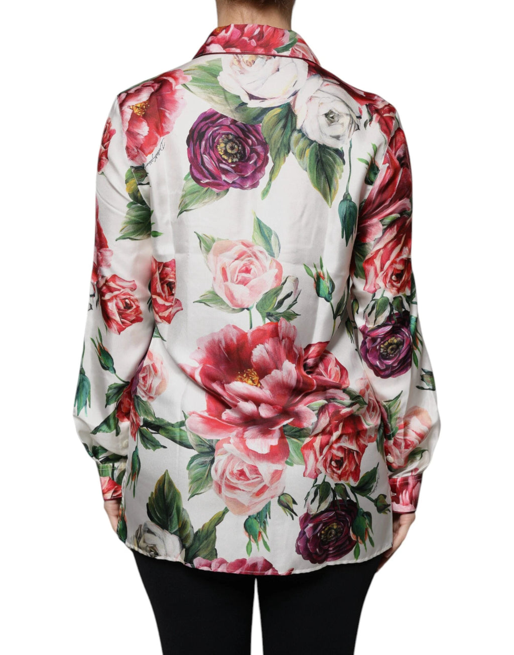 Dolce & Gabbana White Peony Silk Long Sleeves Collared Blouse Top by Dolce & Gabbana