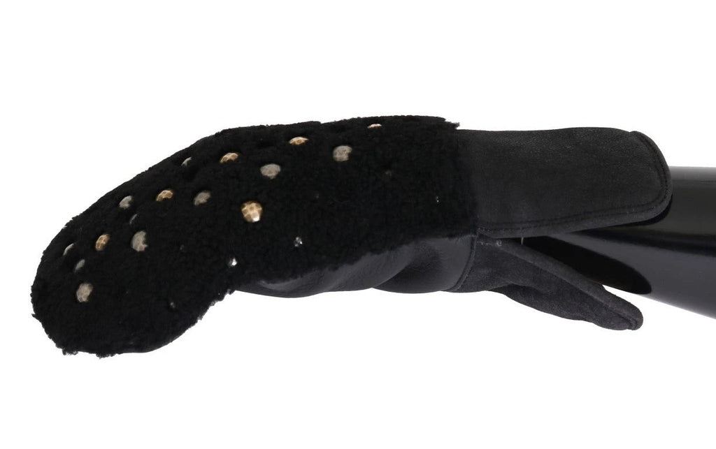 Dolce & Gabbana Black Leather Shearling Studded Gloves by Dolce & Gabbana