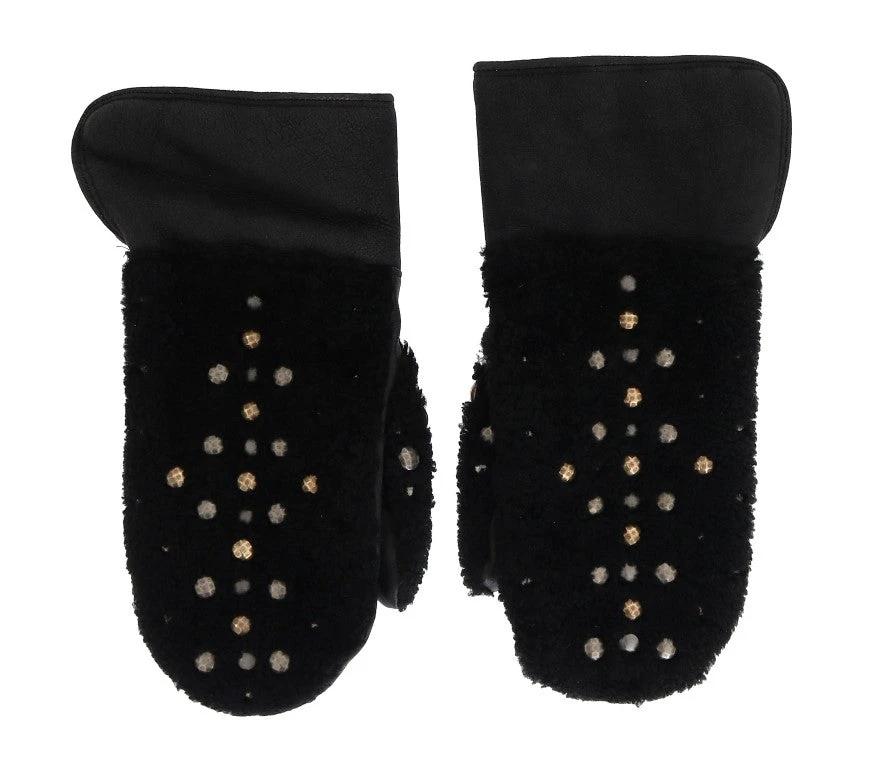 Dolce & Gabbana Black Leather Shearling Studded Gloves by Dolce & Gabbana