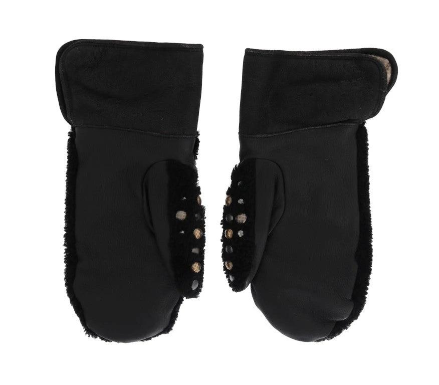 Dolce & Gabbana Black Leather Shearling Studded Gloves by Dolce & Gabbana