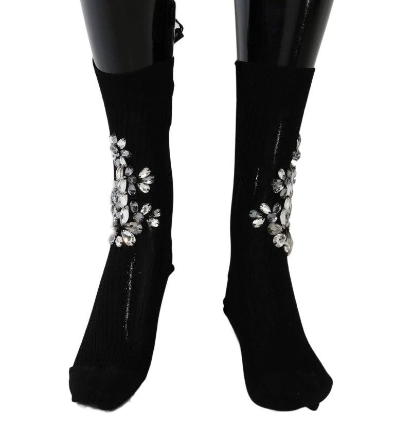 Dolce & Gabbana Black Knitted Floral Clear Crystal Socks by Dolce & Gabbana
