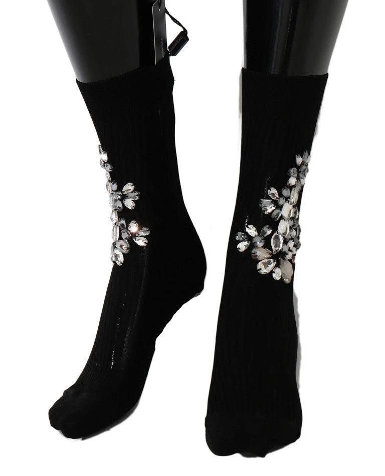 Dolce & Gabbana Black Knitted Floral Clear Crystal Socks by Dolce & Gabbana