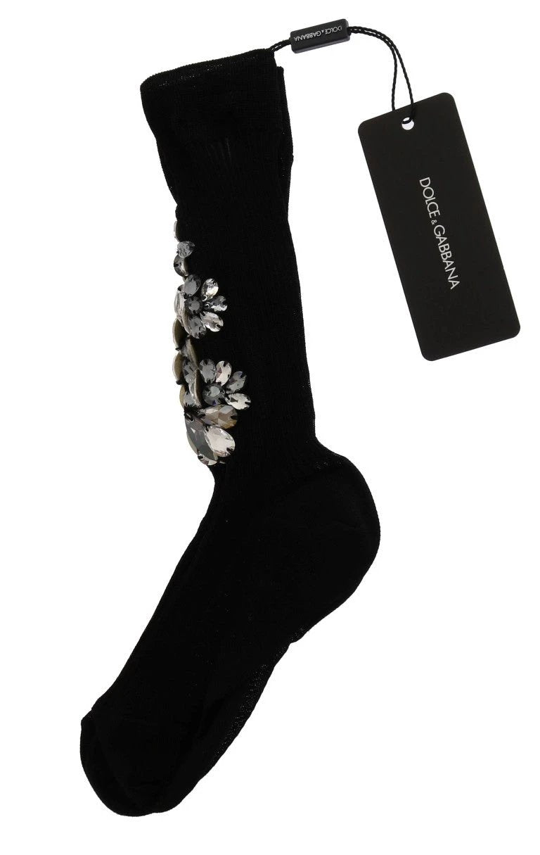 Dolce & Gabbana Black Knitted Floral Clear Crystal Socks by Dolce & Gabbana