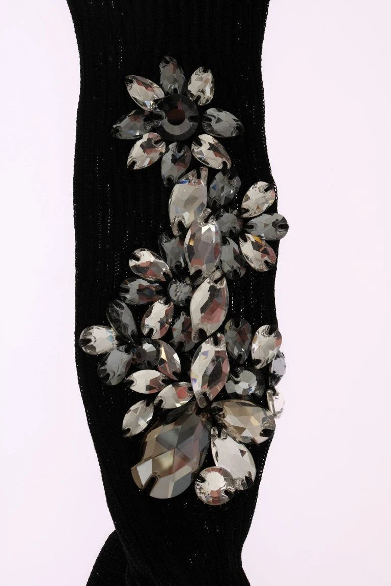 Dolce & Gabbana Black Knitted Floral Clear Crystal Socks by Dolce & Gabbana
