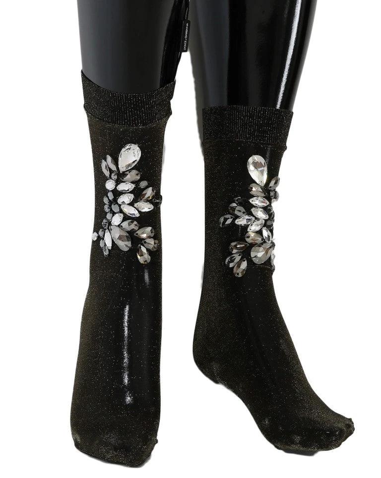 Dolce & Gabbana Black Stretch Floral Clear Crystal Socks by Dolce & Gabbana