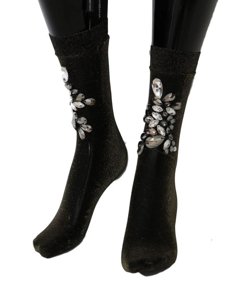 Dolce & Gabbana Black Stretch Floral Clear Crystal Socks by Dolce & Gabbana