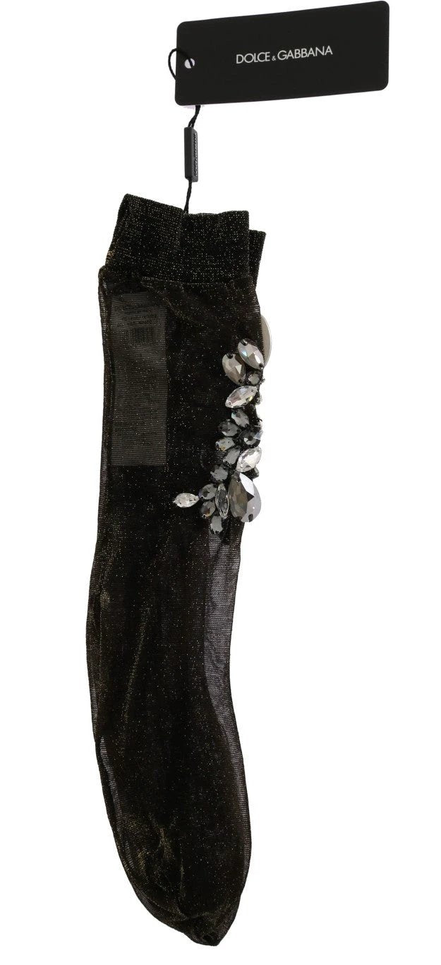 Dolce & Gabbana Black Stretch Floral Clear Crystal Socks by Dolce & Gabbana