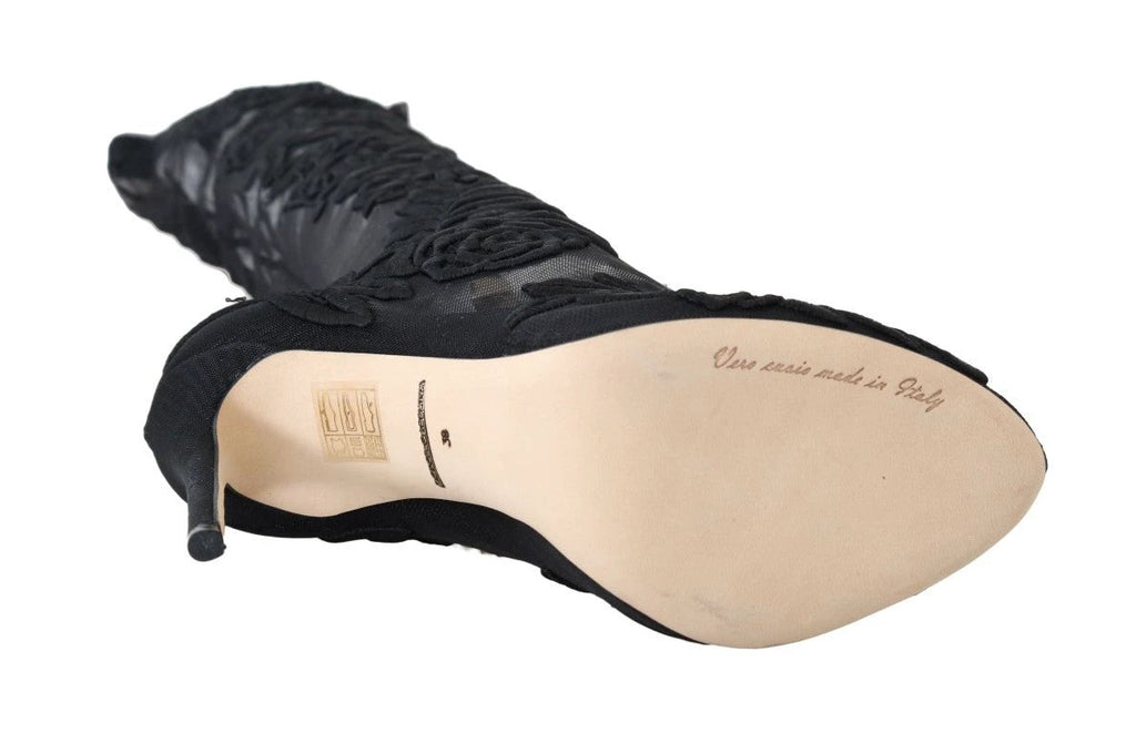 Dolce & Gabbana Black Floral Embroidered Socks Boots by Dolce & Gabbana