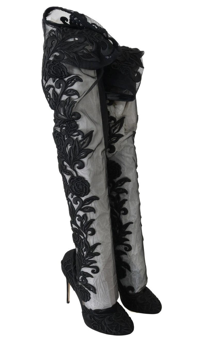 Dolce & Gabbana Black Floral Embroidered Socks Boots by Dolce & Gabbana