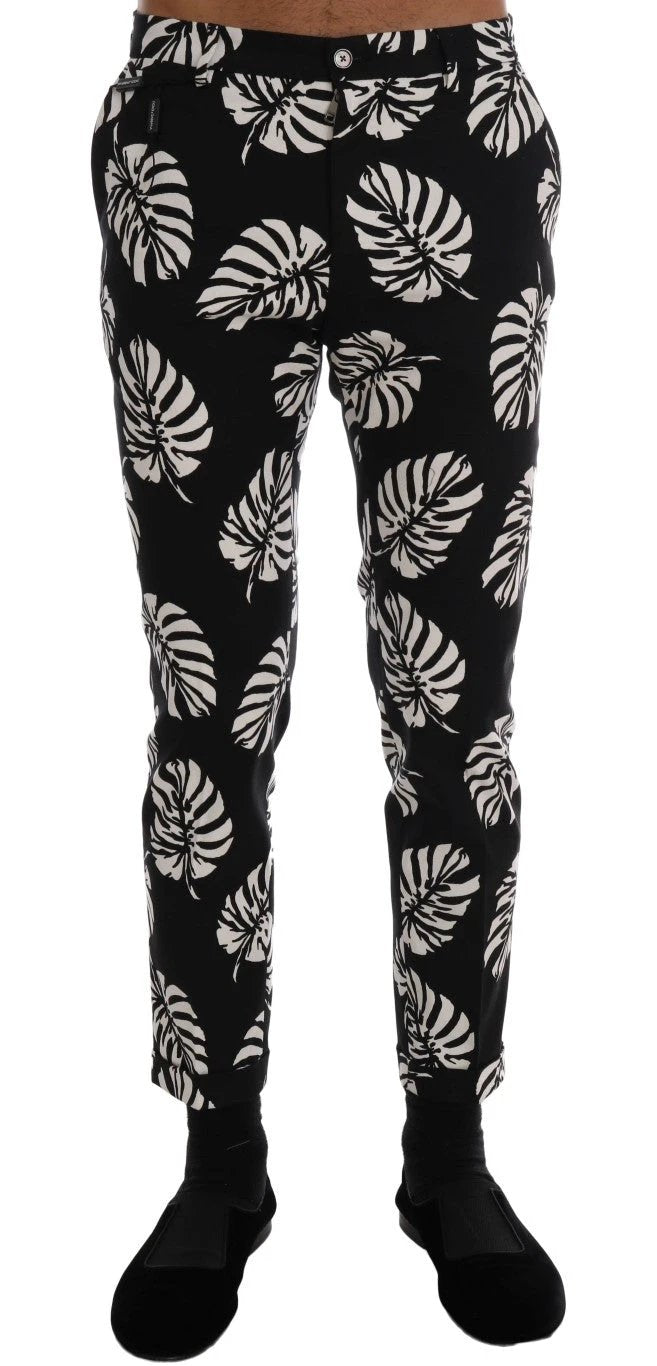Dolce & Gabbana White Black Leaf Cotton Stretch Slim Pants by Dolce & Gabbana