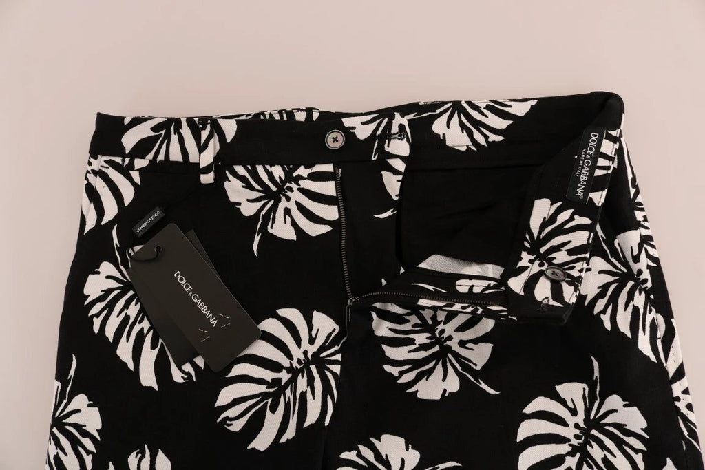 Dolce & Gabbana White Black Leaf Cotton Stretch Slim Pants by Dolce & Gabbana