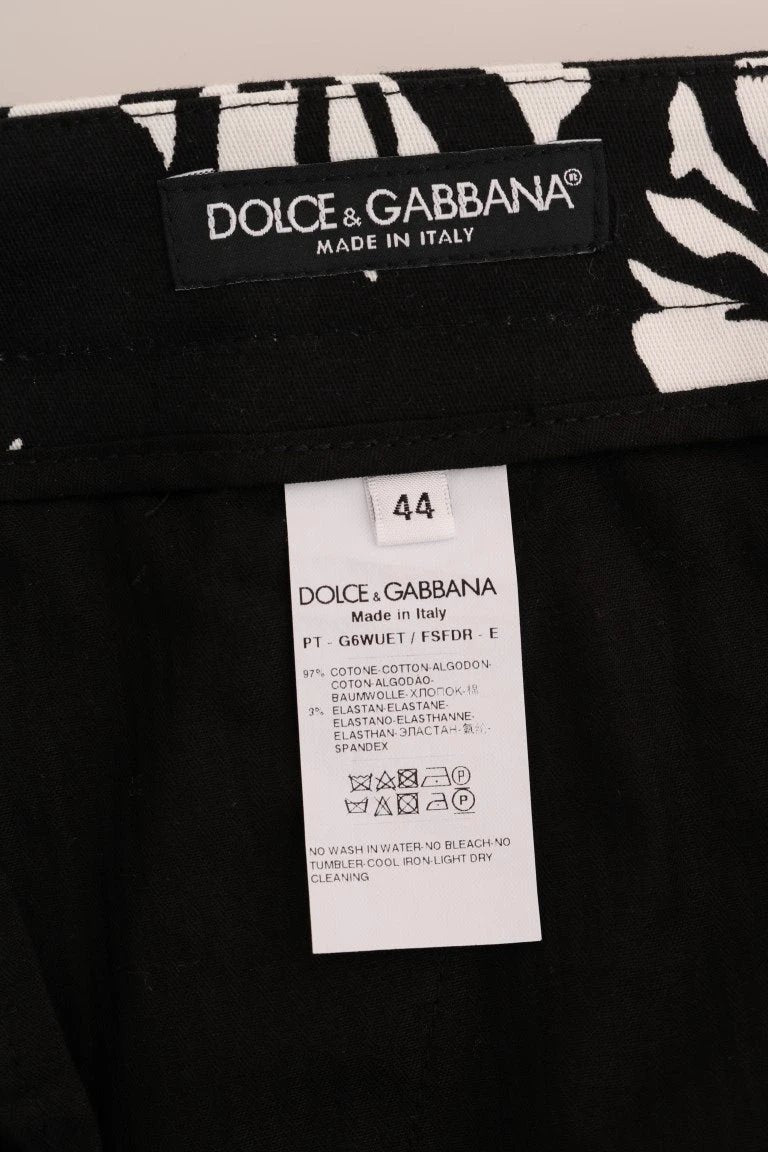 Dolce & Gabbana White Black Leaf Cotton Stretch Slim Pants by Dolce & Gabbana