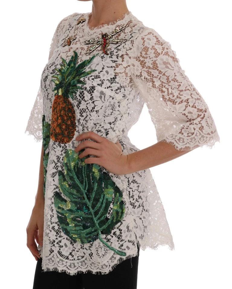 Dolce & Gabbana White Crystal Embellished Lace Blouse by Dolce & Gabbana