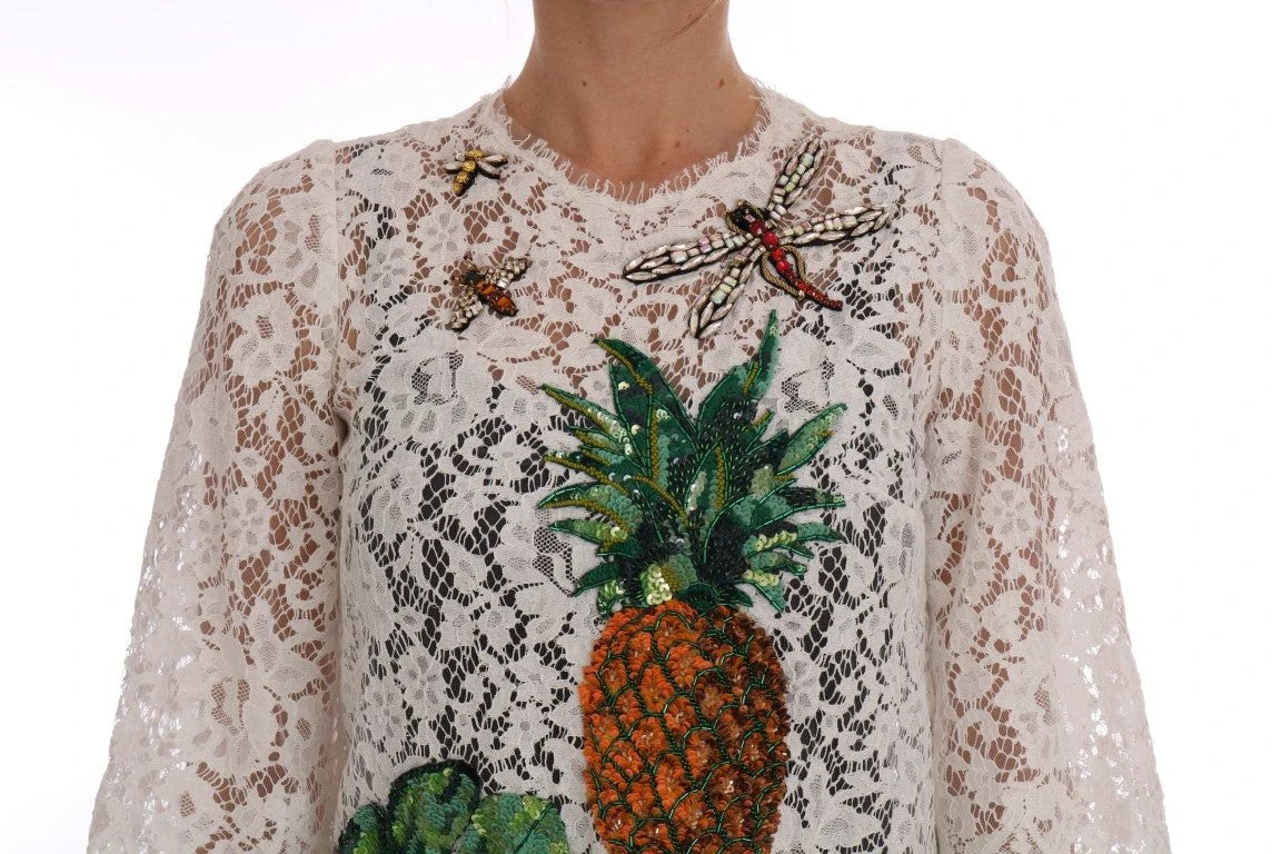 Dolce & Gabbana White Crystal Embellished Lace Blouse by Dolce & Gabbana