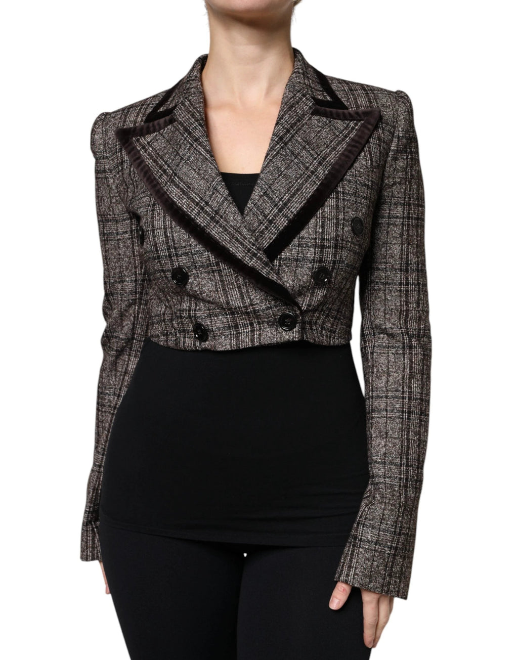 Dolce & Gabbana Brown Plaid Long Sleeve Cropped Coat Jacket by Dolce & Gabbana