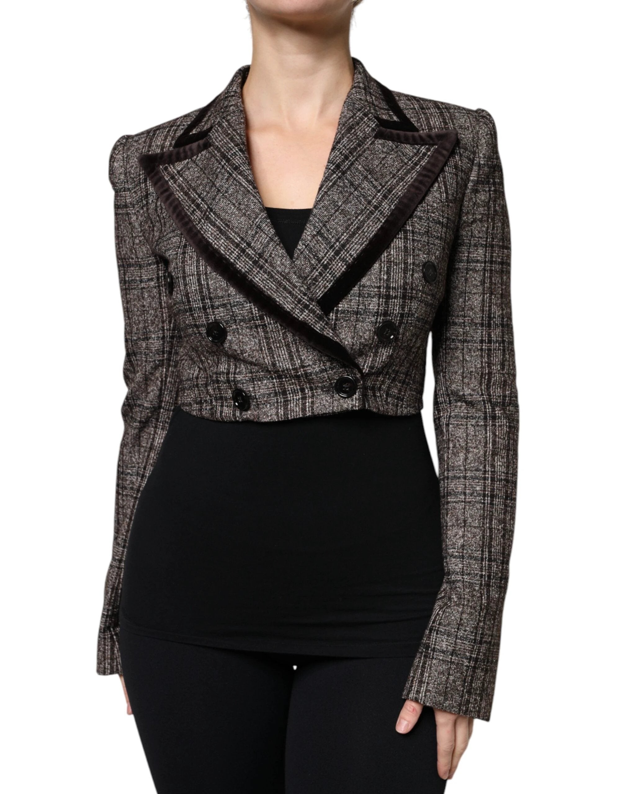 Dolce & Gabbana Brown Plaid Long Sleeve Cropped Coat Jacket by Dolce & Gabbana