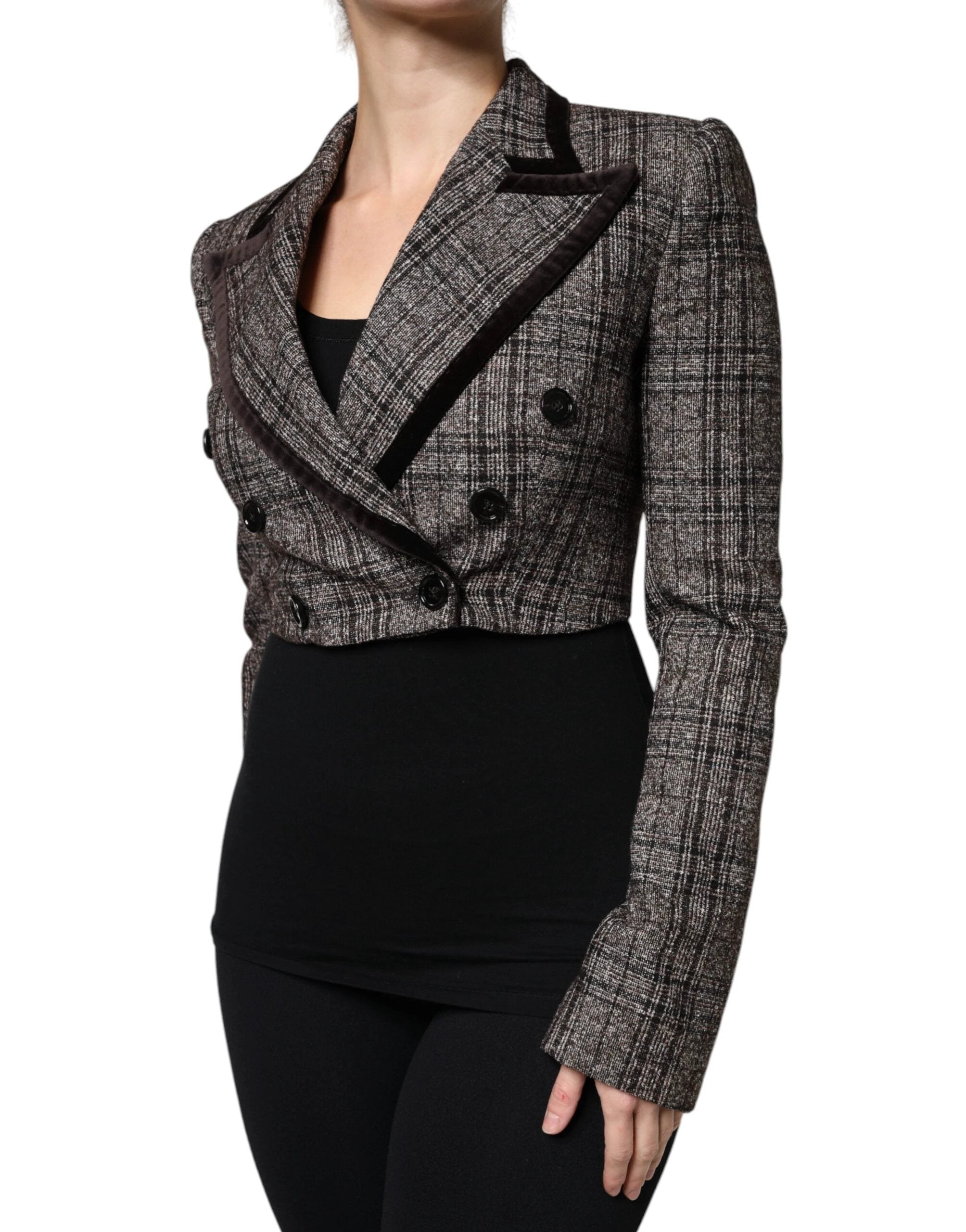 Dolce & Gabbana Brown Plaid Long Sleeve Cropped Coat Jacket by Dolce & Gabbana