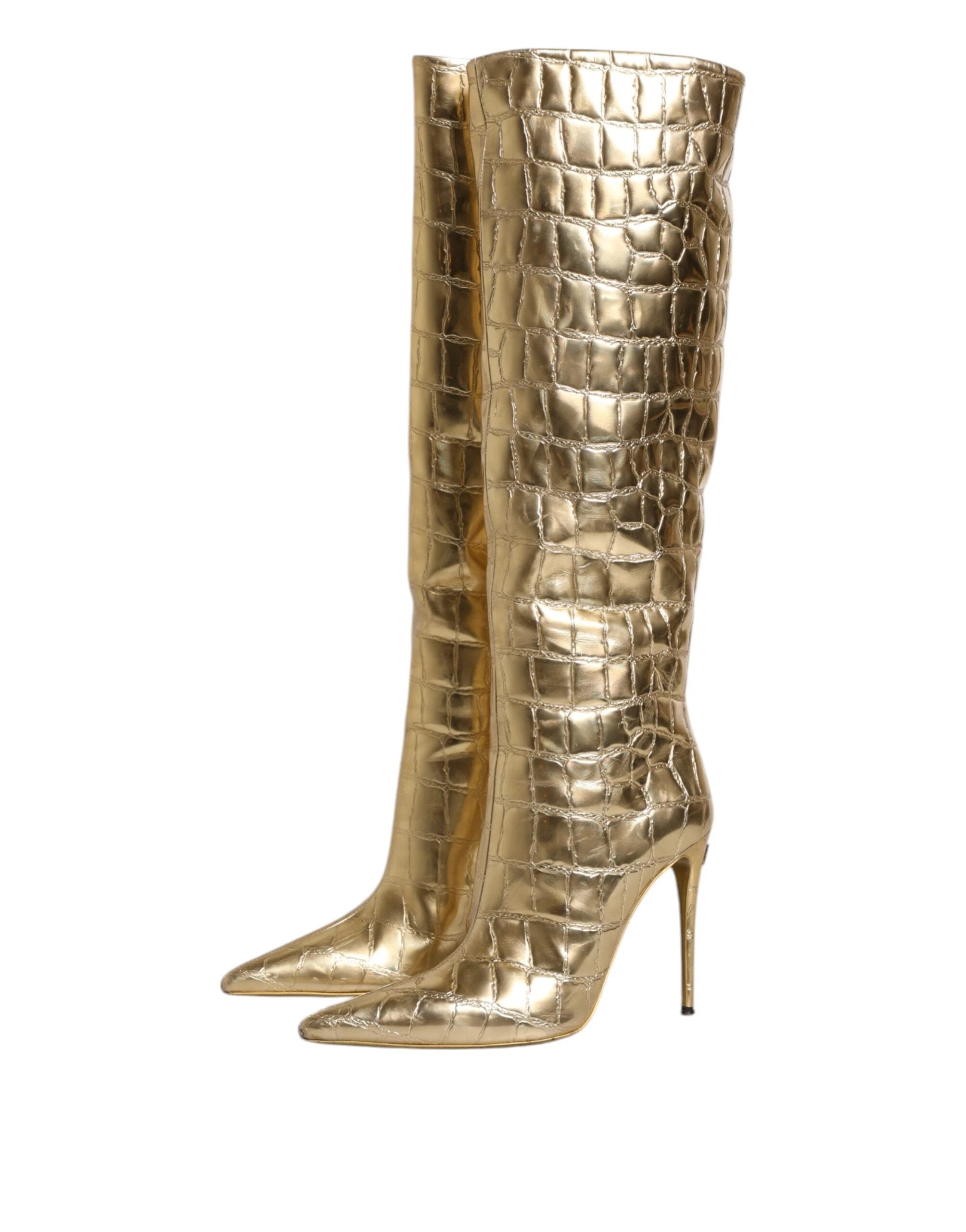 Dolce & Gabbana Gold Leather Stiletto Heels High Boots Shoes by Dolce & Gabbana