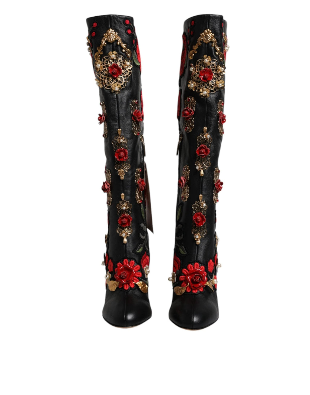 Dolce & Gabbana Black Roses Embellished Leather Heel Boots Shoes by Dolce & Gabbana