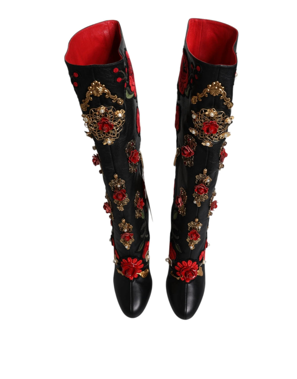 Dolce & Gabbana Black Roses Embellished Leather Heel Boots Shoes by Dolce & Gabbana