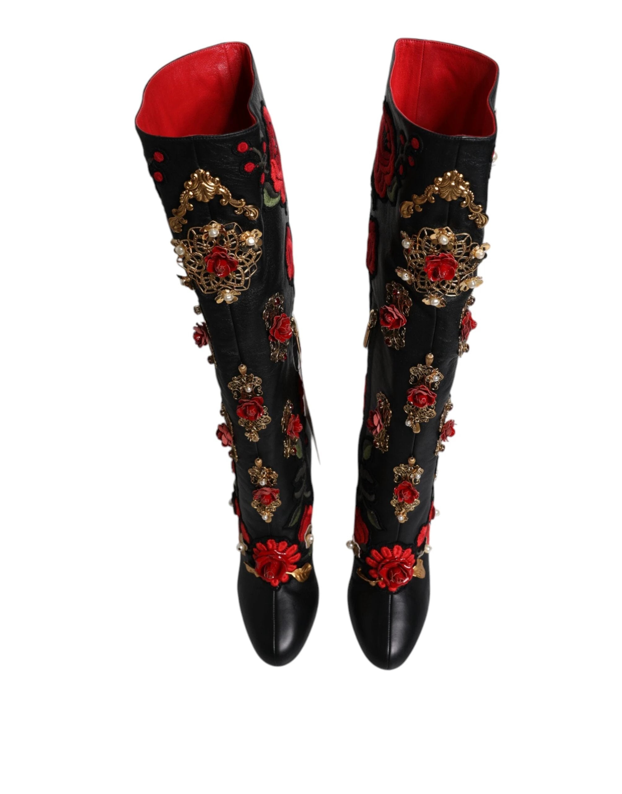 Dolce & Gabbana Black Roses Embellished Leather Heel Boots Shoes by Dolce & Gabbana