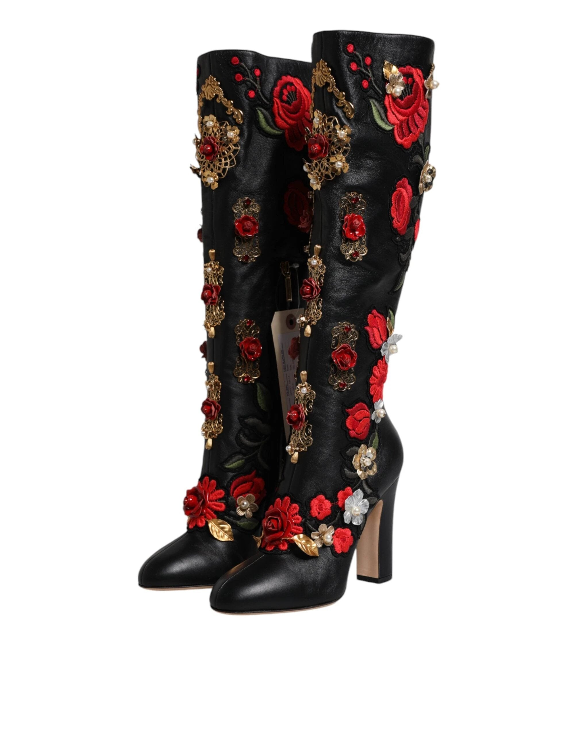 Dolce & Gabbana Black Roses Embellished Leather Heel Boots Shoes by Dolce & Gabbana